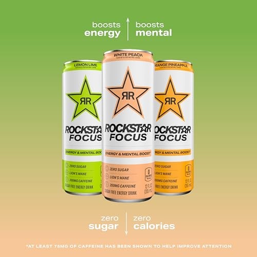 Rockstar Focus Zero Sugar Energy Drink  Passionfruit Mango Flavor  Lion’s Mane  Energy & Mental Boost  12 Oz 12 Pack Cans thumbnail
