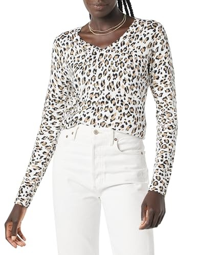 Amazon Essentials Women's Classic-Fit Lightweight Long-Sleeve V-Neck Sweater (Available in Plus Size), White Cheetah, Small