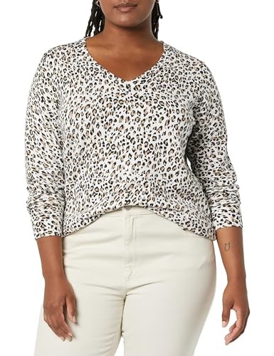 Amazon Essentials Women's Classic-Fit Lightweight Long-Sleeve V-Neck Sweater (Available in Plus Size), White Cheetah, Small thumbnail