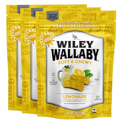 Wiley Wallaby Licorice 7.05 Ounce Classic Gourmet Soft & Chewy Australian Lemonade Licorice Candy Twists, 3 Pack