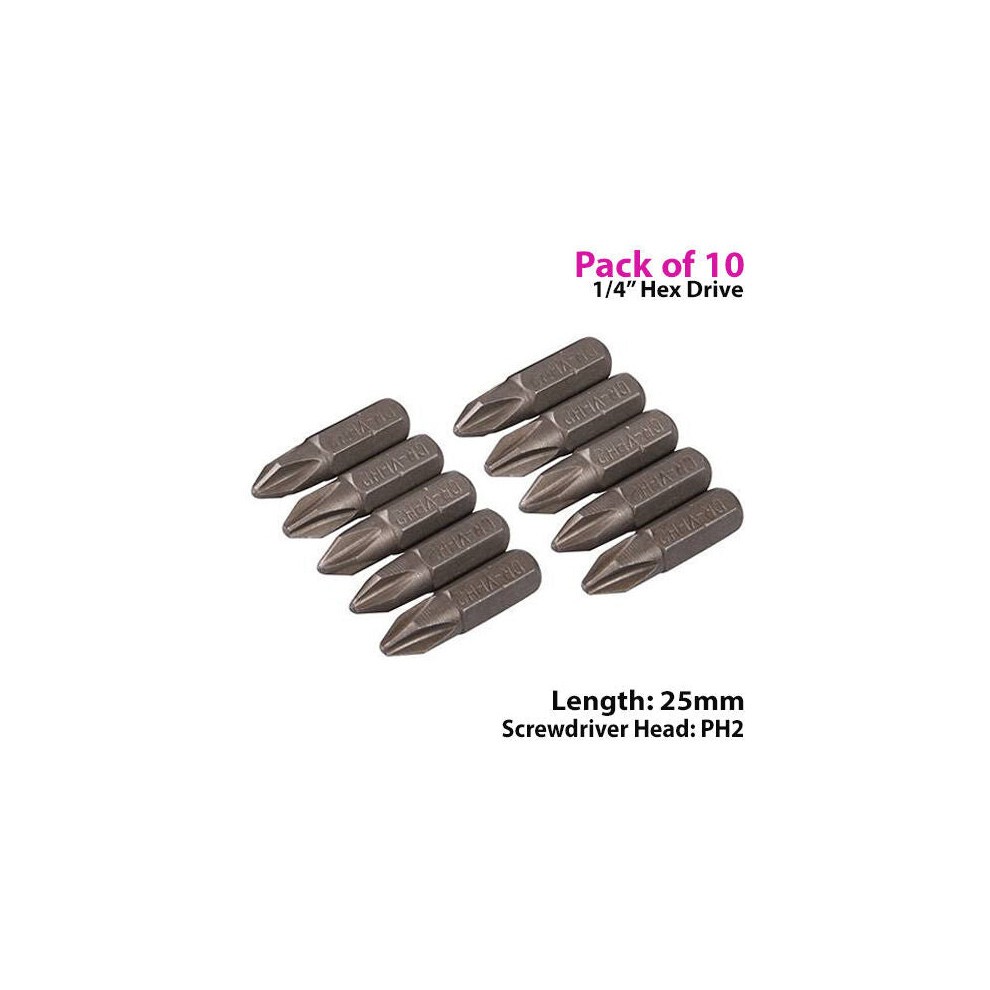 10 PACK PH2 Philips Crosshead Chrome Vanadium Screwdriver Bits 1/4