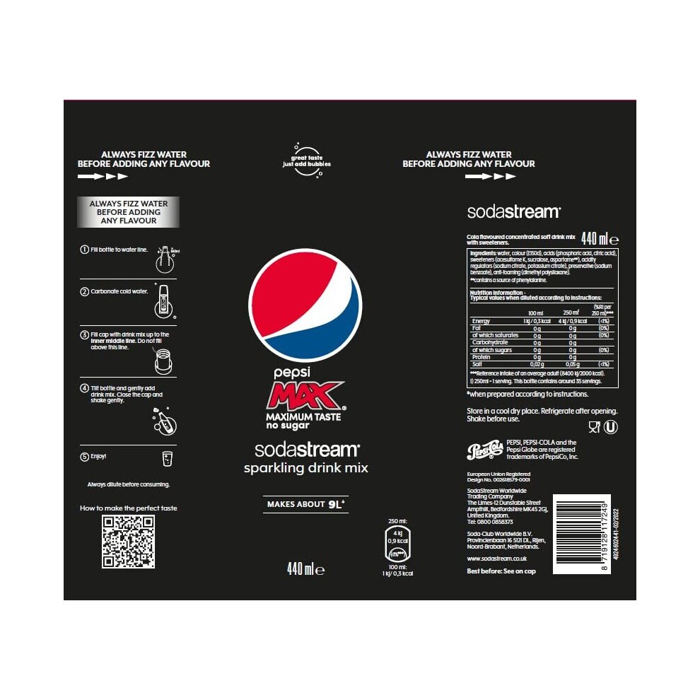 Flavours Pepsi Max Sparkling Drink Mix, Soda & Fizzy Drink Maker Concentrate, Diet Pepsi with Maximum Taste & No Sugar, Official Pepsi Cola X thumbnail