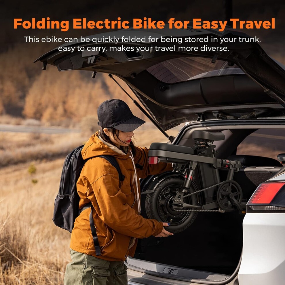 (ORANGE) ENGWE T14 Folding Electric Bike 14'' Tires Portable E-bike, 48V 10Ah Removable Battery, 25 Km/h Speed for Range of 30-70 Km, City E-Bike for thumbnail