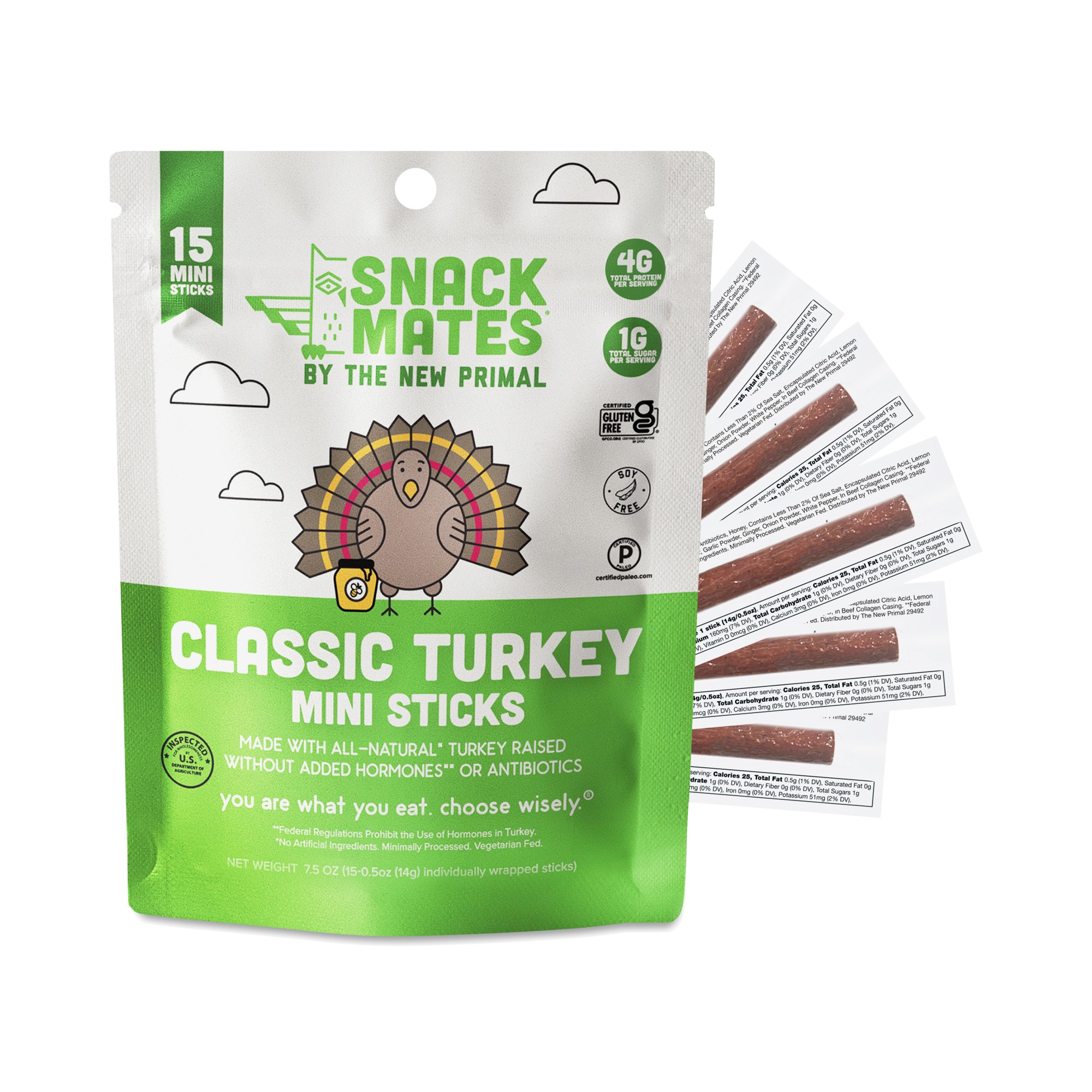 The New Primal Snack Mates Sticks, Turkey, Value Size 15 Sticks (0.5 Oz Each)
