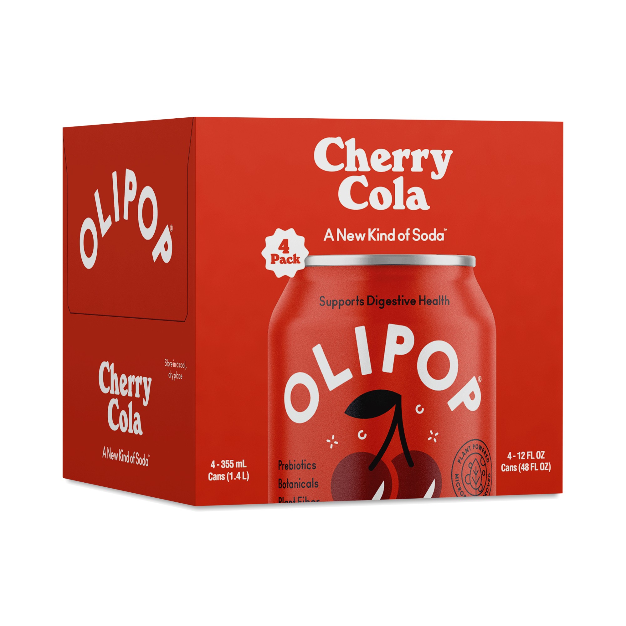 Olipop Prebiotic Soda, Cherry Cola 4 Cans (12 Fl Oz Each)