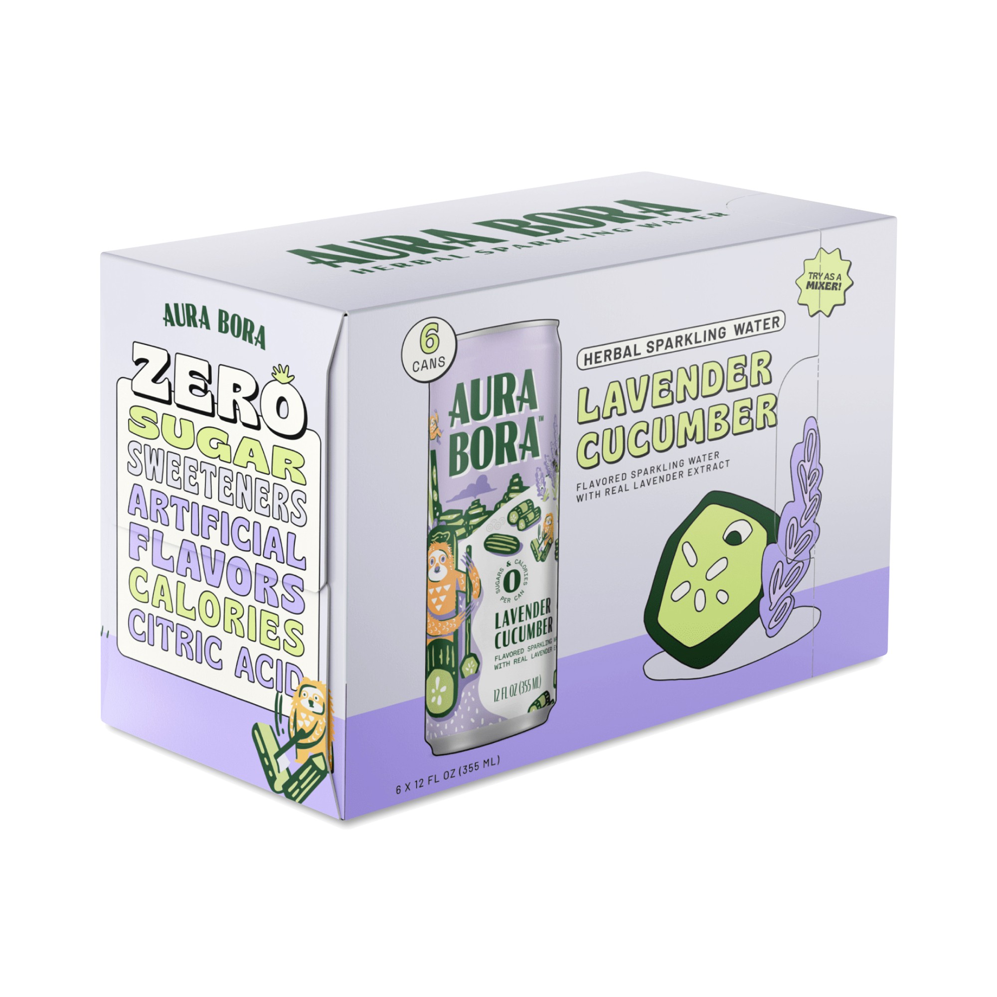 Aura Bora Sparkling Water, Lavender Cucumber 6 Cans (12 Fl Oz Each)