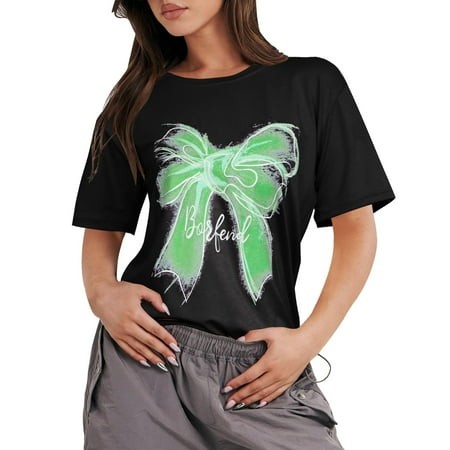 Tshirts Shirts for Women Summer Blouses for Women 2024 Trendy American Retro Ghosting Bow Print Short Sleeve T Shirt Schoolgirl Trendy Loose Casual Ko