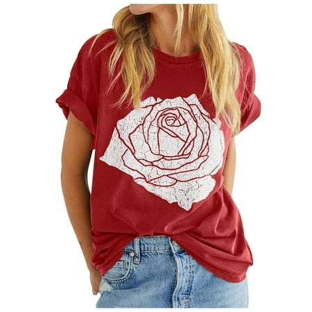 OJSFQUFP Summer Clothes for Women Red Womens Rose Graphic Tee T Shirt Loose Fit Summer Short Sleeve Boyfriend Casual Crew Neck Tops Simple Fashion Tre