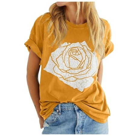 OJSFQUFP Women Graphic T Shirt Yellow Womens Rose Graphic Tee T Shirt Loose Fit Summer Short Sleeve Boyfriend Casual Crew Neck Tops Simple Fashion Tre