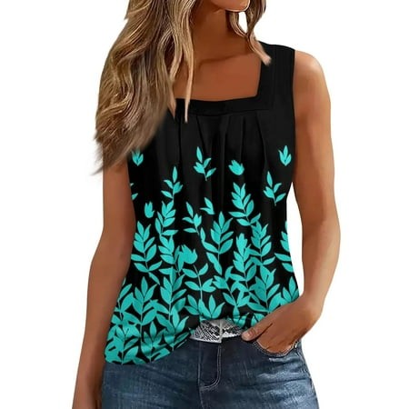 Qwertyu Summer Tank Tops for Women 2024 Eyelet Sleeveless T Shirts Squre Neck Pleated Front Cyan S