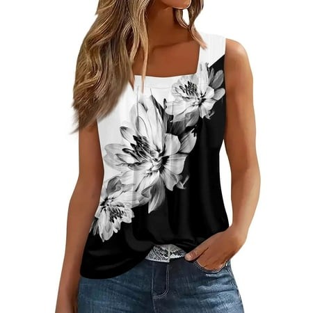 Qwertyu Summer Tank Tops for Women Loose Fit Pleated Square Neck Sleeveless Curved Hem Flowy Shirts White XL