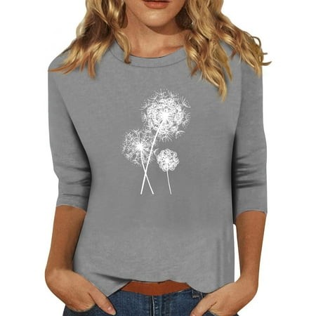 Qwertyu 3/4 Length Sleeve Womens Tops Summer Dandelion Print Shirts Dressy Casual Loose Fit Tunic Tops Women Blouses Gray XL