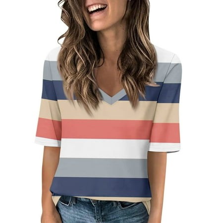 Qwertyu Womens Fashion Half Sleeve Graphic Tops Casual V Neck Summer Shirts Loose Fit Elbow Length Sleeve Blouses Pink L