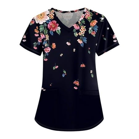 Qwertyu Womens Summer Tops Short Sleeve Shirts V Neck T Shirt Sunflower Print Loose Casual with Pocket Black XL