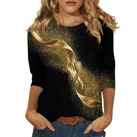 Qwertyu Women S Casual Loose Fit 3/4 Sleeve T-Shirts Round Neck Graphic Print Tunic Tops Basic Tees Blouses Loose Fit Pullover Gold XL