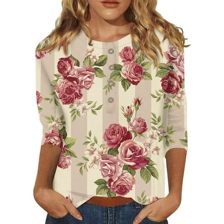 Qwertyu Blouses for Women Dressy Casual Dressy Crew Neck 3/4 Length Sleeve Tops Summer Floral Print Shirts Relaxed Fit Tee Red M