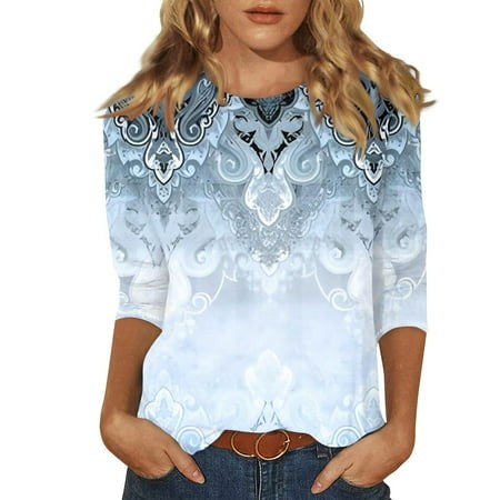 Qwertyu 3/4 Length Sleeve Womens Tops Summer Three Quarter Graphic Shirts Dressy Casual Loose Printed Tunic Tops Women Blouses Blue M