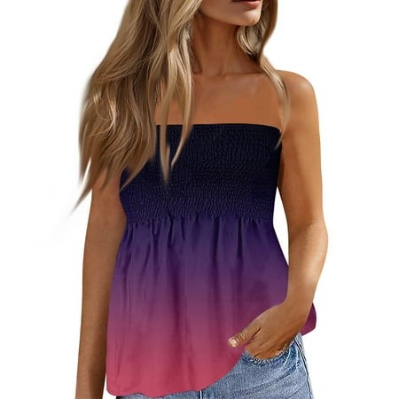 Qwertyu Women S Strapless Casual Tube Top Sleeveless Pleated Gradient Print Stretchy Summer Shirt Blouse Dark Purple M