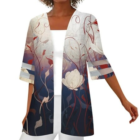 Qwertyu Women Cardigan Lace Tops Floral Gradient Women S 3/4 Sleeve Blouses Kimono for Women Open Front Womens Jacket Red L