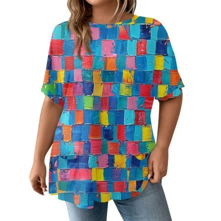 Qwertyu Womens Casual Tops Short Sleeve Round Neck T Shirts Floral Print Loose Fit Blouses Royal Blue 2XL