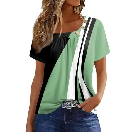Qwertyu Women S T-Shirts Dressy Button Tunic Y2K Tops Short Sleeve Plaid Print Blouses Round Neck Summer Cute Clothes Green 2XL