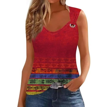 Qwertyu Tank Top for Women Loose Fit Graphic 2024 Sleeveless Shirts O Ring Shoulder Spring Summer Casual Beach Tanks Clothes Red M