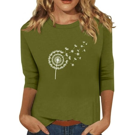 Qwertyu 3/4 Length Sleeve Womens Tops Summer Dandelion Print Shirts Dressy Casual Loose Tunic Tops Women Blouses Army Green S