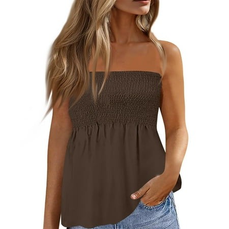 Qwertyu Women S Strapless Tube Top Sleeveless Pleated Solid Color Stretchy Summer Shirt Blouse Brown L