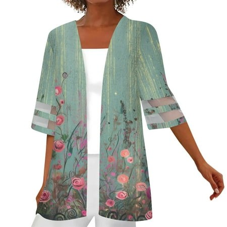 Qwertyu Women Cardigan Lace Tops Floral Print Women S 3/4 Sleeve Blouses Kimono for Women Open Front Womens Jacket Pink L