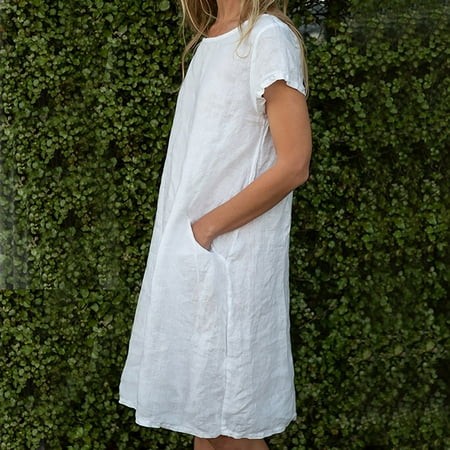 Ganfancp Milkmaid Dress Sheath Crew Neck Short Sleeve Plus Size Dresses Sun Dress Loose Fit Cotton Simple Solid for Outdoor White XL Deals of the Day 