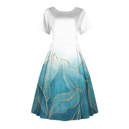 Qwertyu Women S Vintage Hepburn Short Sleeve Floral Print High Waist Flared MIDI Dressy Casual Summer Dress Sky Blue XL