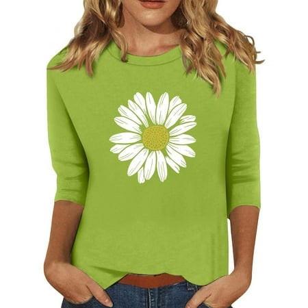 Qwertyu 3/4 Length Sleeve Womens Tops Summer Three Quarter Dandelion Print Shirts Dressy Casual Loose Tunic Tops Women Blouses Green S