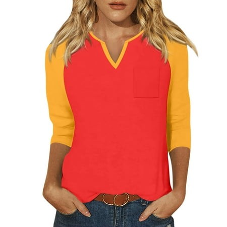 Qwertyu Womens 3/4 Sleeve Summer Tops Color Block Print V Neck T-Shirts Three Quarter Sleeves Stylish Loose Fit Fashion Blouses Vermilion M