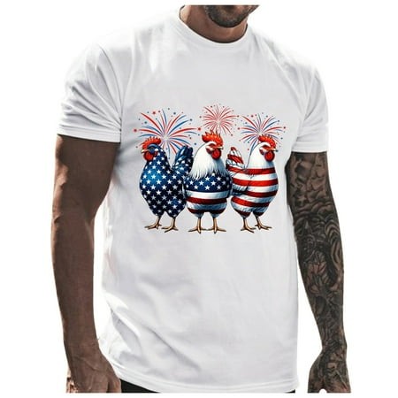 Mnyotv Spring T Shirts for Men 2024 Male Independence Day Graphic Plus Size T Shirt Printed Solid Color Short Sleeve Top White L
