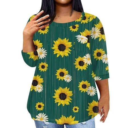 Qwertyu Women S 3/4 Sleeve Tops Round Neck Sunflower Print T-Shirts Elbow Sleeves Summer Loose Fit Comfy Blouses Dark Green 3XL