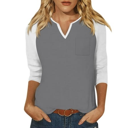 Qwertyu 3/4 Sleeve Tops for Women V Neck Color Block Print Shirts Three Quarter Sleeves Cute Summer Stylish Blouses Gray L