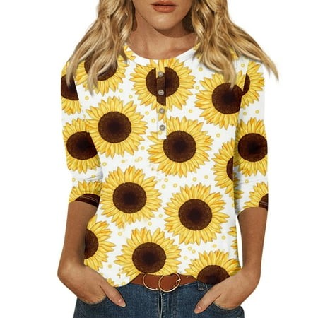 Qwertyu Womens Summer Tops 3/4 Sleeve Round Neck Sunflower Print Shirts Elbow Sleeves Fashion Cute Dressy Casual Blouses White XL