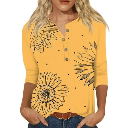 Qwertyu 3/4 Sleeve Tops for Women Henley Sunflower Print Shirts Three Quarter Sleeves Comfy Fashion Loose Fit Blouses Orange 4XL