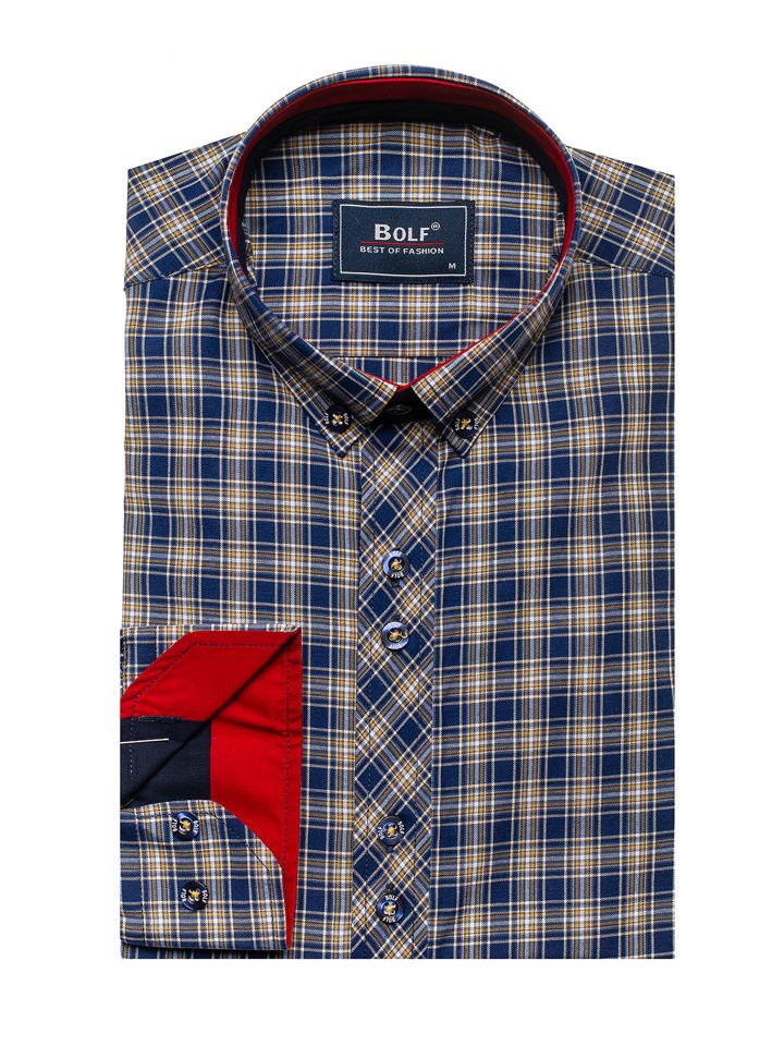 Cma Pentru Brbat N Carouri Cu Mneca Lung Bluemarin-galben Bolf 8835 thumbnail