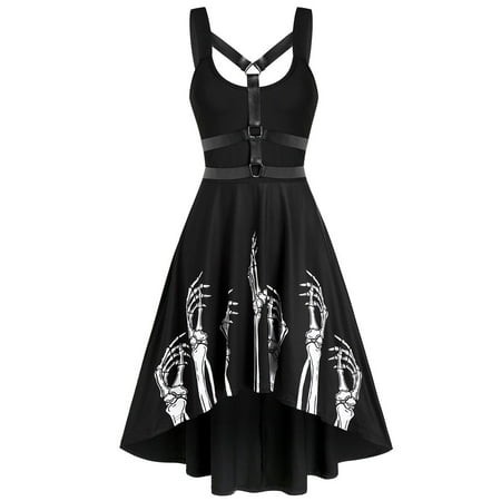 XVJRHAK Dresses for Women 2024 Women Sleeveless Skeleton Print Ghost Claw Print Insert High Low Dress Mid-Length(Black XL)