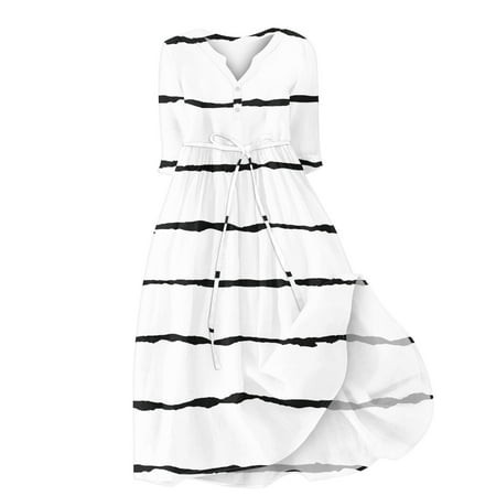 Qwertyu Summer Dresses for Women 2024 Floral Print Casual Comfy Beach V-Neck Buttons Short Sleeve Loose MIDI Dress with Pockets White M
