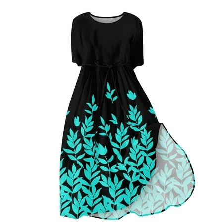 Qwertyu Summer Dresses for Women 2024 Floral Print Dressy Casual Beach V-Neck Buttons Short Sleeve Loose MIDI Dress with Pockets Turquoise S