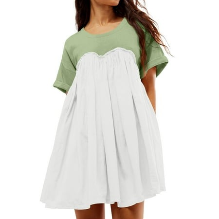 Qwertyu Summer Dresses for Women 2024 Womens Solid Color Round Neck Short Sleeve Sundresses Casual Loose Flowy Beach Vacation Mini Dress White M