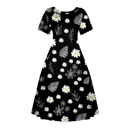 Qwertyu Women S Vintage Hepburn Short Sleeve Floral Print High Waist Flared MIDI Casual Loose Fit Summer Dress Black 4XL