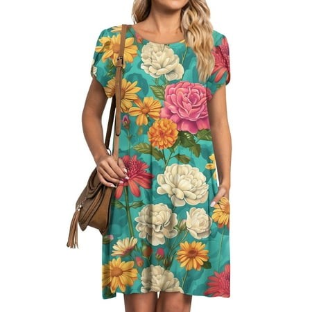 Qwertyu Summer Dresses for Women 2024 Womens Floral Print Round Neck Short Sleeve T-Shirt Dress Loose Beach Vacation Mini Dress Turquoise M