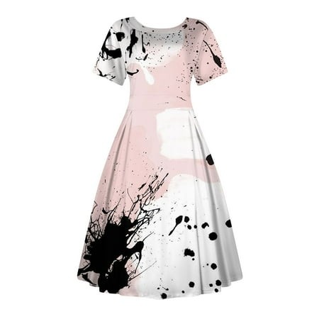 Qwertyu Women S Vintage Hepburn Short Sleeve Floral Print High Waist Flared Dressy MIDI Summer Dress Light Pink 5XL