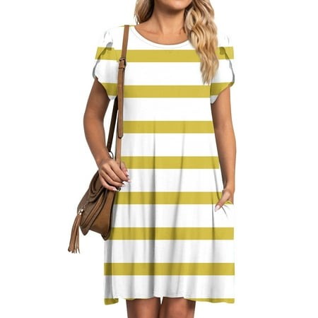 Qwertyu Summer Dresses for Women 2024 Womens Floral Print Crewneck Short Sleeve T-Shirt Dress Loose Comfy Beach Vacation Mini Dress Yellow L