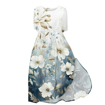 Qwertyu Summer Dresses for Women 2024 Floral Print Dressy Casual Beach V-Neck Buttons Short Sleeve Loose MIDI Dress with Pockets Navy 3XL