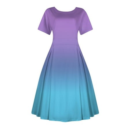 Qwertyu Women S Vintage Hepburn Short Sleeve High Waist Flared Gradient MIDI Casual Summer Dress Sky Blue 2XL