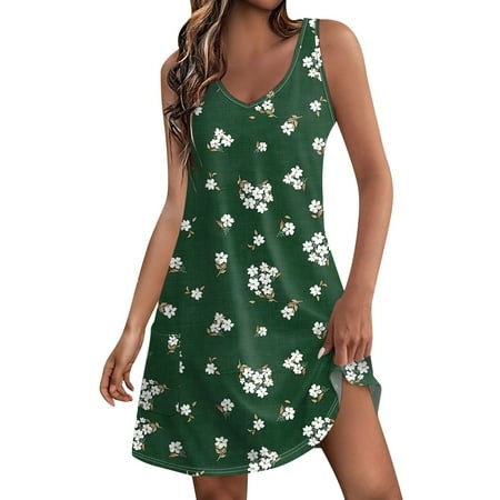 Qwertyu Summer Dresses for Women Beach Boho Sleeveless Vintage Floral Loose Flowy Pocket Tshirt Tank Mini Sundresses Green S